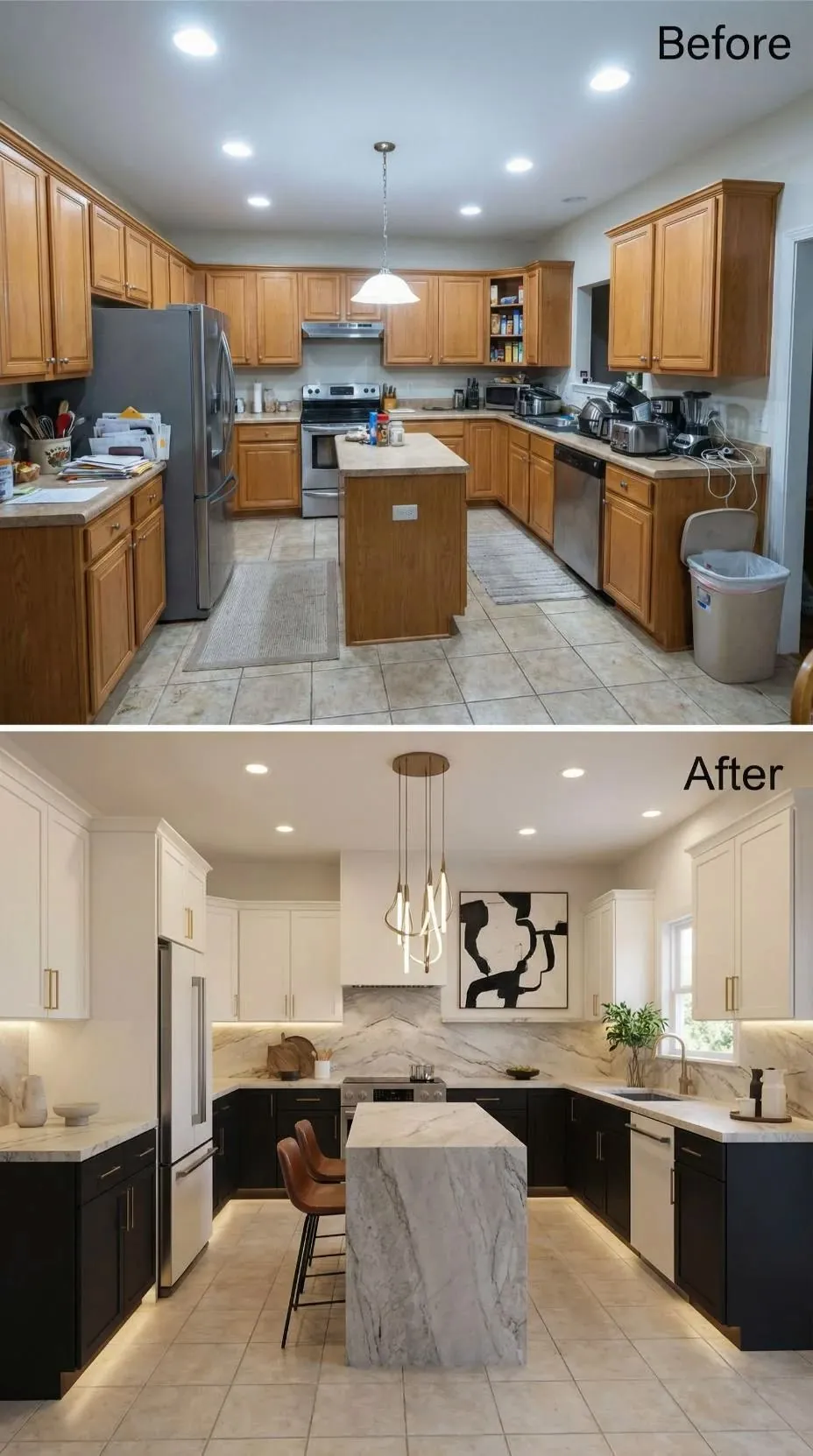 Modern Houston kitchen remodel — A&F Home Remodeling Modern Houston kitchen remodel with quartz island, custom cabinets and layered lighting