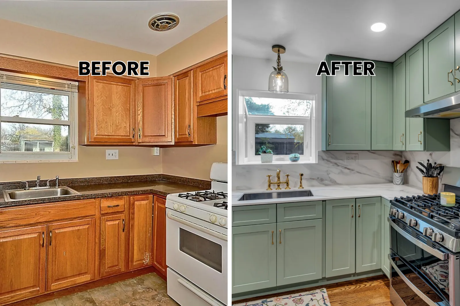 Houston kitchen remodel before and after — A&F Home Remodeling Before and after kitchen remodel in Houston with new cabinetry, marble backsplash and updated fixtures